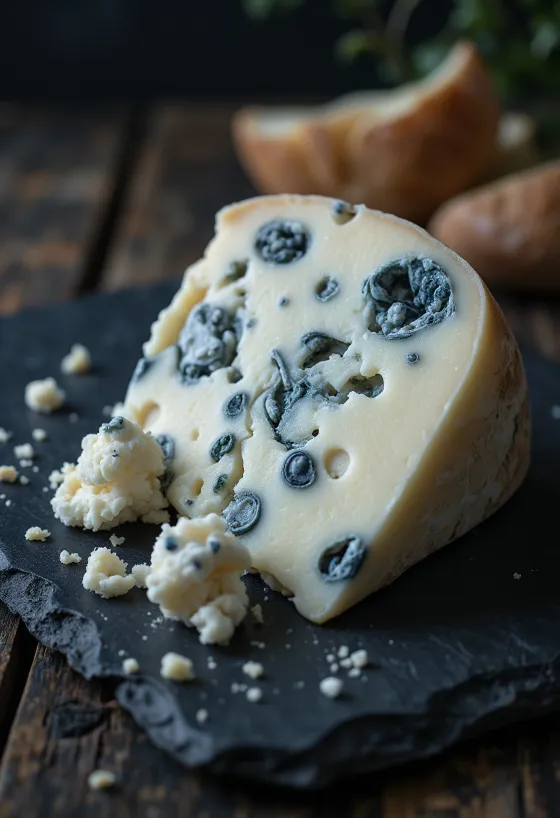 Queijo Roquefort fresco em taça de cerâmica sobre mesa de madeira