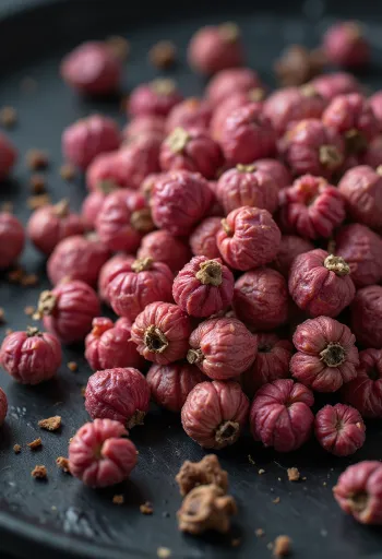 Grãos de pimenta rosa em taça de madeira e espalhados