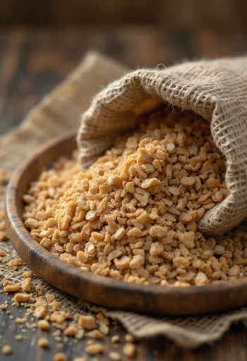 Farelo de centeio em taça e espalhado em superfície de cozinha rústica