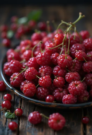 Bagas de schisandra frescas vermelhas, algumas cortadas, em estado natural