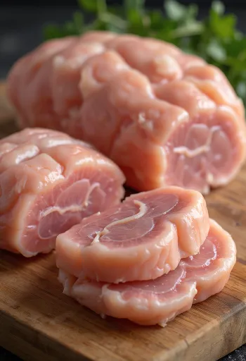 Pedaços de seitan fatiado e marinado em superfície de madeira, numa tigela e tábua de corte