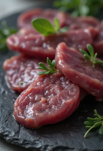 Fígado de porco cru fatiado numa tábua de madeira, filetes vermelho-escuro