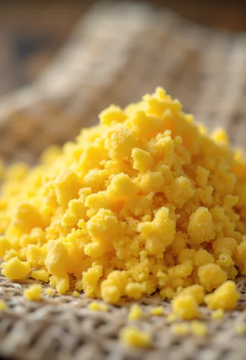 Flocos de levedura nutricional em tigela e espalhados com colher de pau em superfície de cozinha