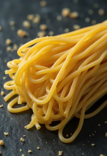 Massa esparguete seca organizada em feixe sobre superfície de madeira