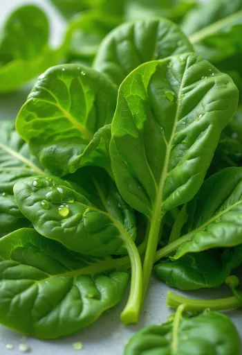 Folhas de espinafre frescas em tábua de corte, luz natural