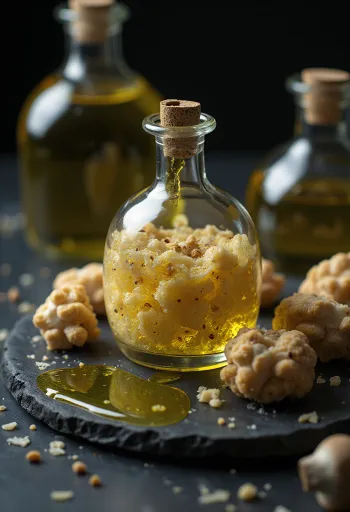 Azeite de trufa em pequena garrafa, com fatias de trufa e servido