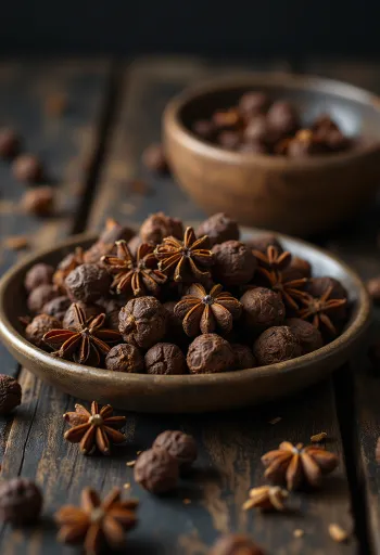 Grãos de pimenta da Jamaica em taça de madeira e superfície rústica