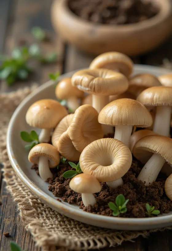 Cogumelo Marasmius fatiado com ervas frescas e alho em tábua