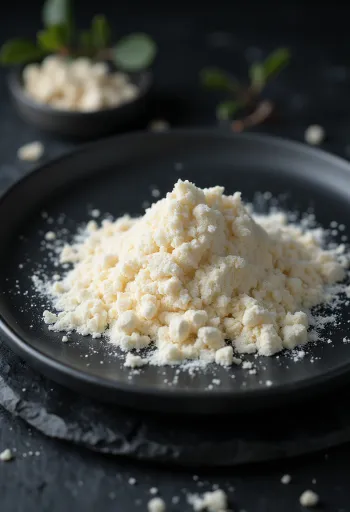 Farinha de semente de alfarroba em taça de cerâmica e colher de pau, com vagens