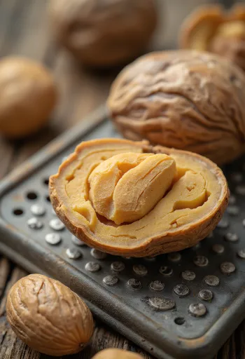 Noz-moscada inteira e moída em taça sobre superfície de madeira