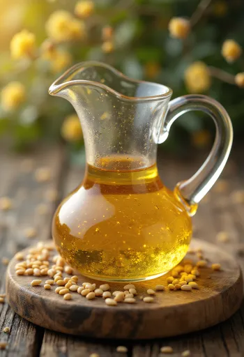 Óleo de sésamo em garrafa pequena, acompanhado por sementes de sésamo em tigela