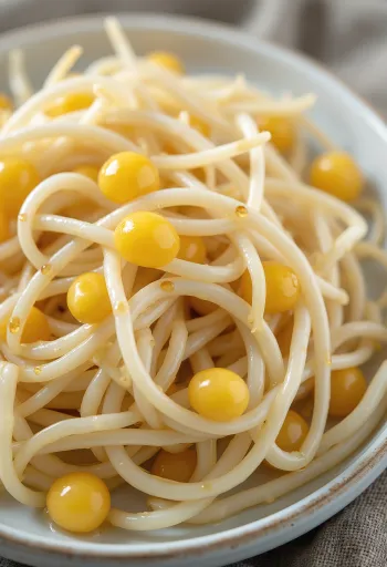 Rebentos de soja frescos em prato branco, ingrediente crocante