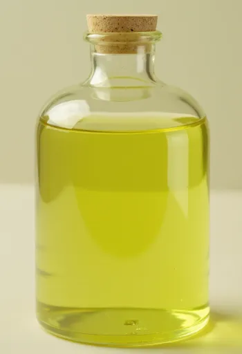 Óleo de grainha de uva em garrafa de vidro transparente e taça, fundo claro