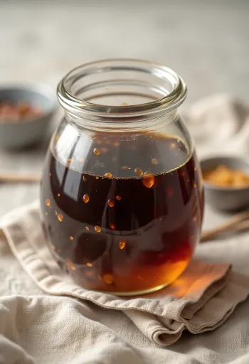 Molho tamari em tigela de cerâmica, rodeado por soja fermentada e sal marinho em superfície rústica