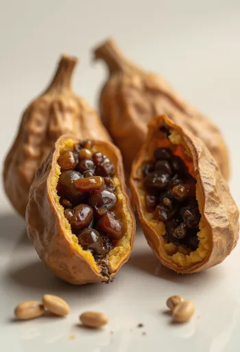 Vagens de tamarindo inteiras e abertas com casca castanha, polpa interna e sementes pretas