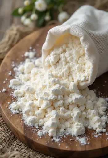 Amido de tapioca fino em taça e colher, superfície clara