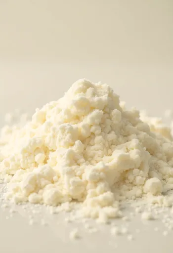 Leite em pó em taça rústica com colher de pau e pó espalhado sobre superfície de madeira