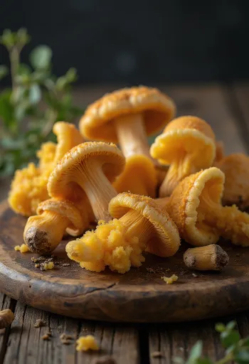 Cogumelos-de-inverno limpos e fatiados sobre tábua de madeira