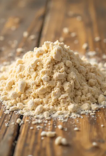 Farinha integral em taça rústica, espalhada sobre superfície de madeira