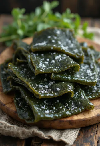Folha de alga Kombu seca, espessa e escura.