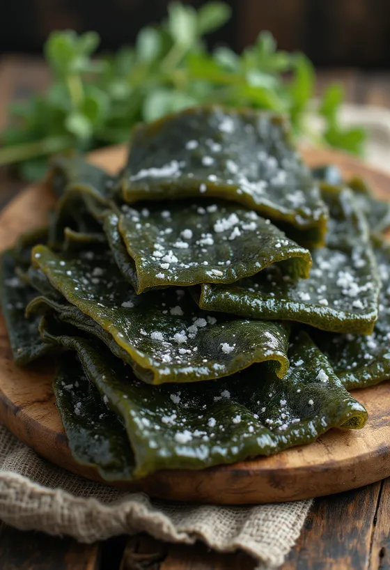 Folha de alga Kombu seca, espessa e escura.