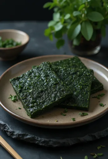 Folhas de alga Nori secas, lisas e de cor verde escuro.