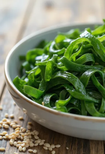 Alga Wakame seca, em pedaços pequenos verde-escuros.