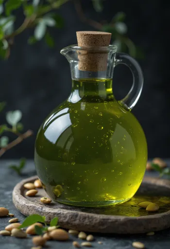 Óleo de sementes de abóbora verde-escuro em taça, com sementes com casca