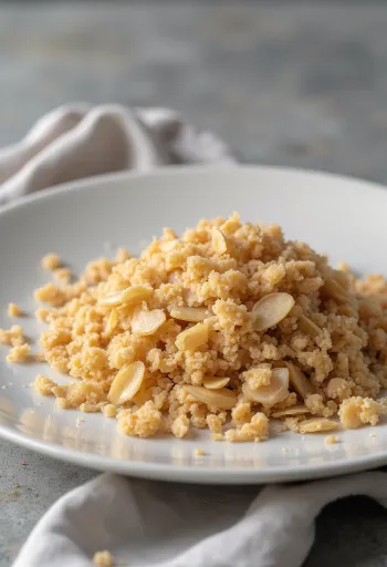 Farelo de espelta em taça de cerâmica e espalhado em superfície de madeira