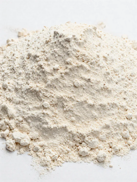 Farinha de espelta em taça de cerâmica, tom castanho-claro natural