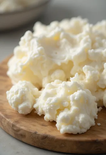 Queijo fresco granulado em taça de cerâmica, produto lácteo de textura grumosa com colher de pau