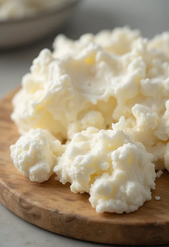 Queijo fresco granulado em taça de cerâmica, produto lácteo de textura grumosa com colher de pau