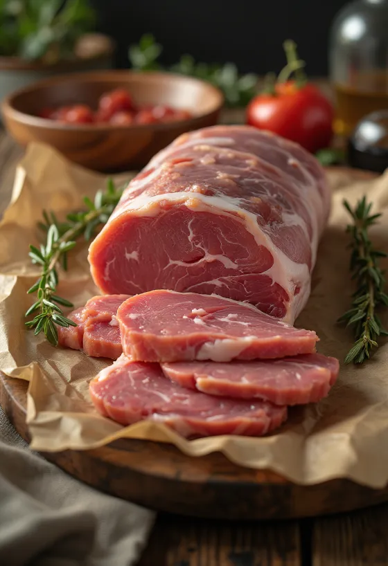Fatias de lombo de javali cru em tábua de madeira com especiarias