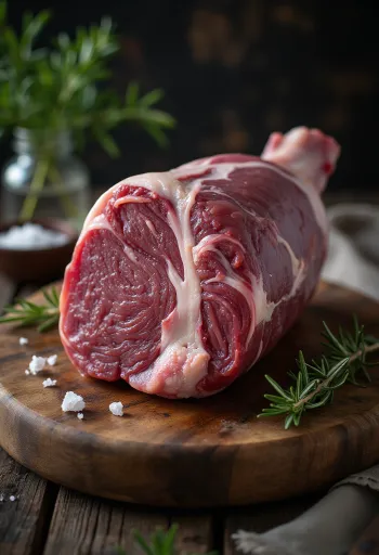 Carne de perna de javali crua com especiarias em tábua de madeira