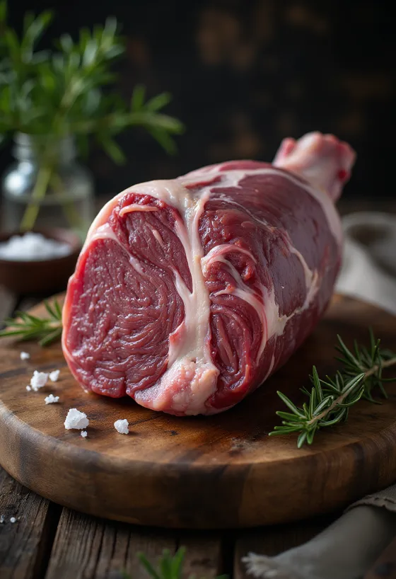 Carne de perna de javali crua com especiarias em tábua de madeira