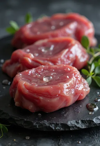 Carne de pato-bravo crua filetada com especiarias em tábua de madeira