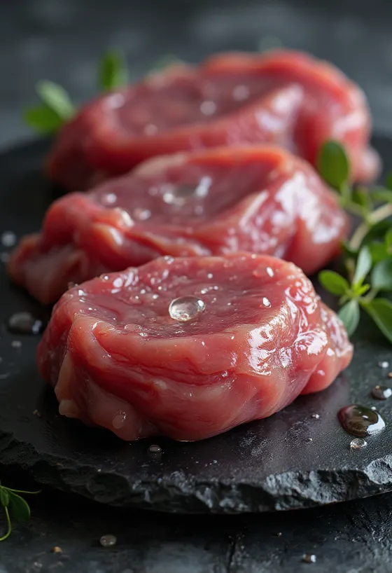 Carne de pato-bravo crua filetada com especiarias em tábua de madeira