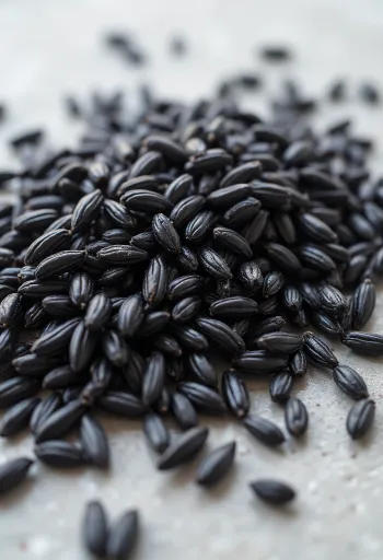 Arroz selvagem cru de grão longo e escuro em taça de cerâmica