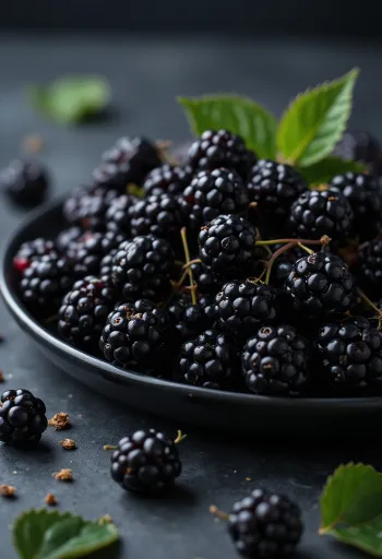 Bagas de amora silvestre frescas e escuras, cortadas e inteiras em superfície neutra