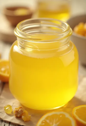 Ghee em frasco de vidro e colher sobre madeira, luz natural