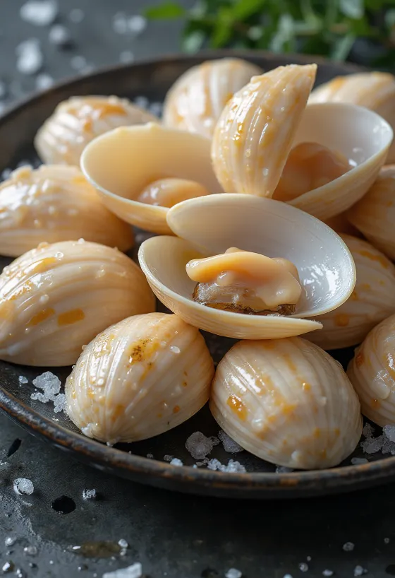 Carne de amêijoa vénus crua em gelo com limão e salsa