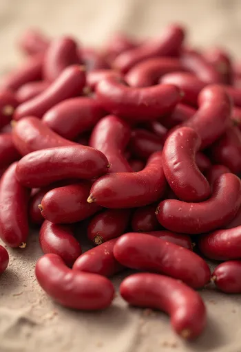 Feijão-vermelho em taça de cerâmica e colher de pau em mesa rústica