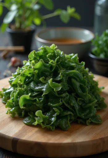 Alga wakame seca em superfície de madeira e pequena taça