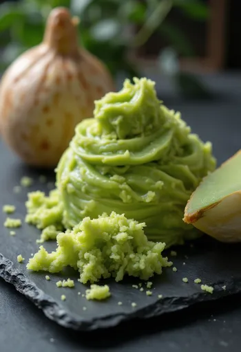 Raiz de wasabi fresca e pasta verde em superfície de madeira, taça e ralador