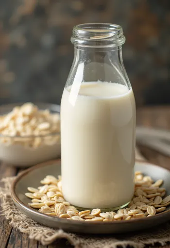 Bebida de aveia servida em copo, com flocos de aveia em taça e espalhados