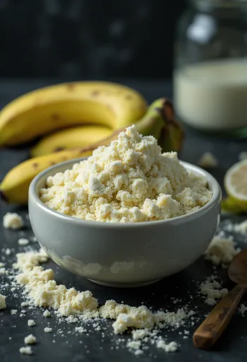 Farinha de banana verde em taça e colher, rodeada por bananas verdes
