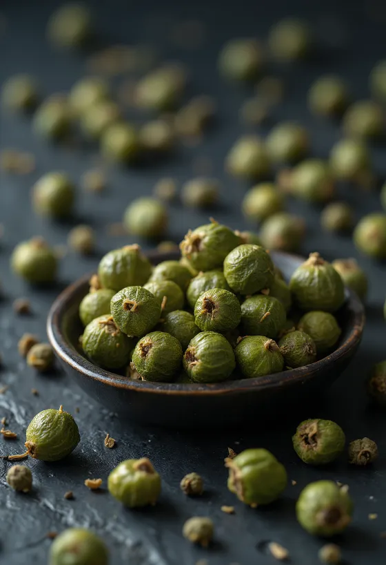 Grãos de pimenta verde em taça de cerâmica e superfície de cozinha