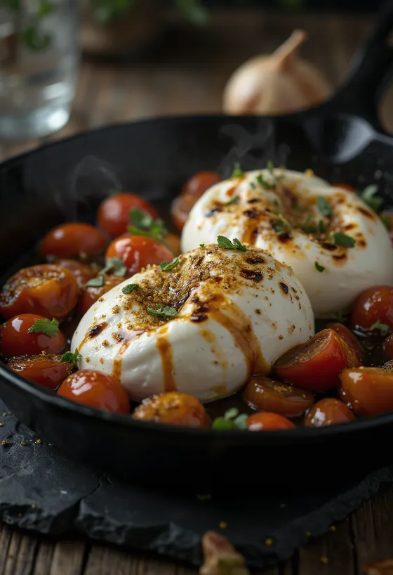 Cacho de tomate cereja assado no forno servido com burrata