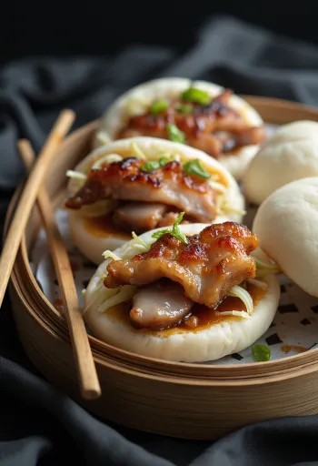 Bao de Barriga de Porco Crocante com carne de porco crocante e couve em conserva