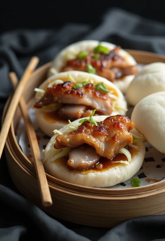 Bao de Barriga de Porco Crocante com carne de porco crocante e couve em conserva